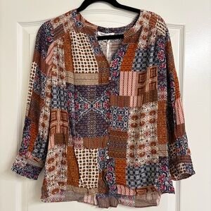 Rose + Olive Patchwork Print Boho Blouse - Multicolor